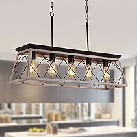 Q&S Dining Room Chandelier Light Fixtures,Farmhouse Rustic Vintage Antique Linear Chandeliers Pendant Ceiling Light Fixture for Kitchen Island Bar Office Coffee Shop 5-Lights Oak and ORB UL Listed
