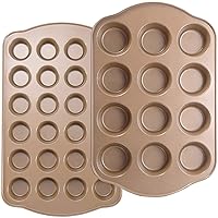 Nonstick Muffin Pan, Mini Cupcake Pan Set, Muffin Tins for Baking, 2 Pack, 12-Cup and 24-Cup, Gold