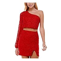 Womens Red Stretch Zippered Ruched Crop Lace Glitter Tie Slit Lined Blouson Sleeve Asymmetrical Neckline Mini Cocktail Body Con Dress Juniors 3