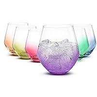 Stemless Wine Glasses (6 Pack - 18 Ounces) Colorful Drinking Glasses Highly Durable, Round Bowl Glasses for Wine, Red And White Wine Tumblers, European Made Cocktail Glasses, Stemless Wine Glass