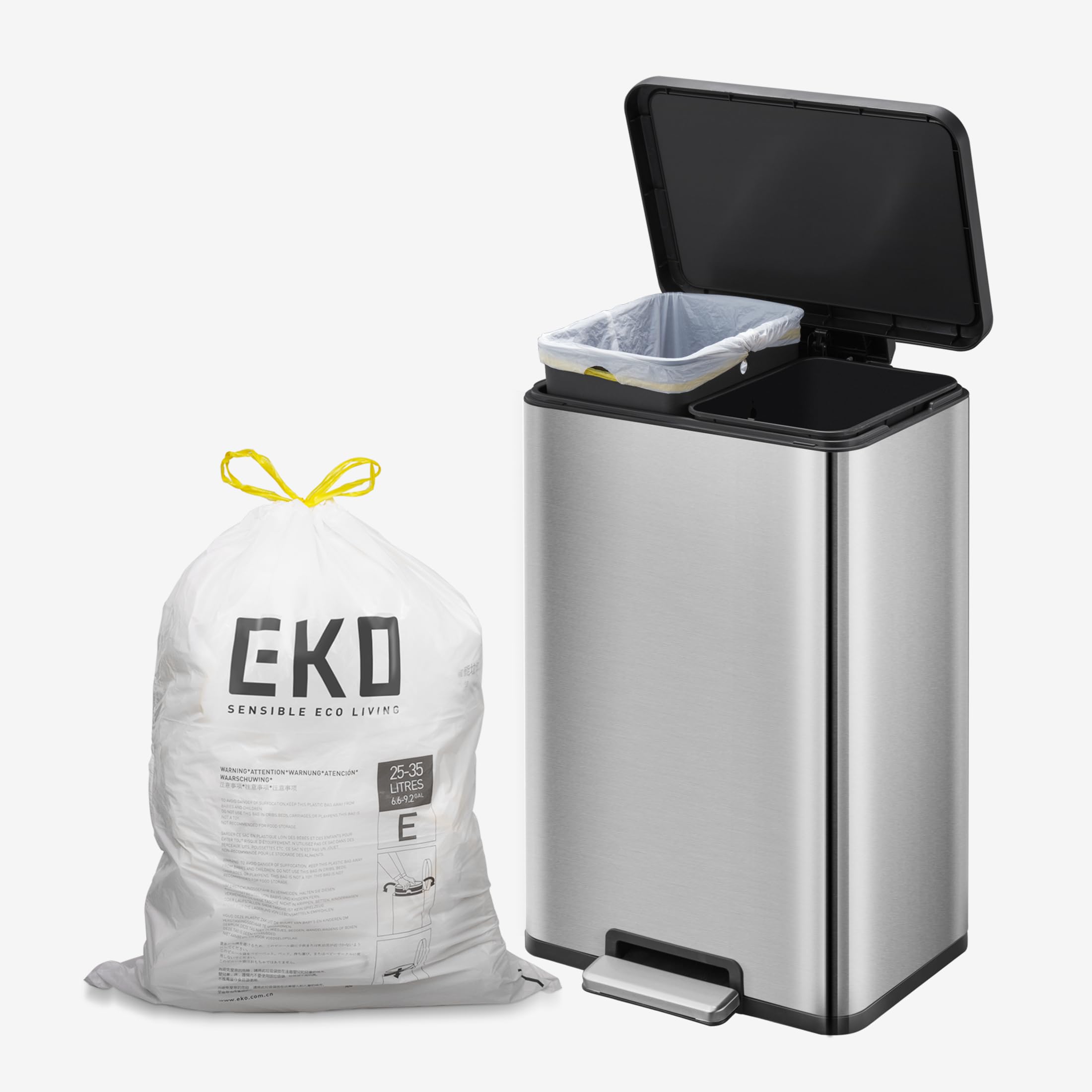 EKO Easy-Dispense Roll 80 Count Extra-Strong Drawstring Tall Kitchen Trash Bag, 8 Gallon Trash Bag (25-35L) 80 Pack White, Code E