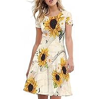 Women High Waist Short Sleeve Dress Casual A-line Midi Big Swing Round Neck Dresses for Daily Life