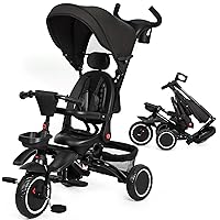 Baby Tricycle, 7 in 1 Folding Toddler Bike w/Removable Adjustable Push Handle, Canopy, Rotatable Seat, Safety Harness, Cup Holder & Storage, Trike for 1-5 Year Old (Black)