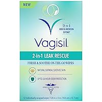 Vagisil 2-in-1 Leak Rescue Intimate Feminine Wipes for Women, Gynecologist Tested & Hypoallergenic, 12 ct (Pack of 1)