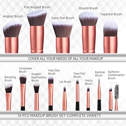 Makeup Brushes BS-MALL Premium Synthetic Foundation Powder Concealers Eye Shadows Makeup 14 Pcs Brush Set, Rose Golden, with Case