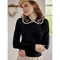 Women's Sweater Floral Embroidery Statement Collar Sweater Sweater for Women (Color : Black, Size : Small)
