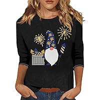 July 4Th Shirts for Women,Women's Fashion Casual 3/4 Sleeve Round Neck Independence Print Plus Size Top