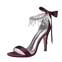 Womens Pendant Rhinestones Heeled Sandals Silver Satin Wedding Bride Dress Party Evening Shoes 10.5CM Job Shoes WineRed US 9.5