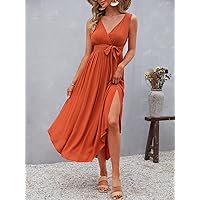 Dresses for Women - Split Thigh Belted -line Dress (Color : Burnt Orange, Size : X-Small)