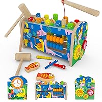 8 in 1 Wooden Montessori Toys for 1 2 3 4 Year Old Boys Girls Whack a Mole Game Hammering and Pounding Toys with Xylophone Fishing Game Toddlers Educational Developmental Learning Toys Gifts