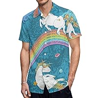 Unicorn Rainbow Printing Casual Mens Short Sleeve Shirts Slim Fit Button-Down T Shirts Beach Pocket Tops Tees