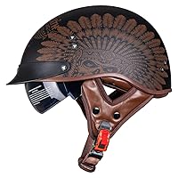  RUYICZB Leather Motorcycle Half Helmet for Adults Men Women,  DOT Approved Vintage Cap Half Face Shell Motorcycle Helmets for Cruiser,A,L  : Automotive