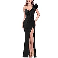 VFSHOW Womens Formal Prom Ruffle One Shoulder Strap Ruched Maxi Dress 2024 Sexy Twist Front Split Wedding Guest Evening Gown