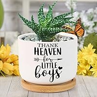 Thank Heaven for Little Boys Planters Ceramic Gift for Mother Day Round Flower Pots with Drainage Holes and Bamboo Tray Orchid Pot for Pots Outdoor Indoor Plants