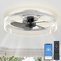 White Ceiling Fan Modern Flush Mount Low Profile Ceiling Fans Timing APP Remote Control, Smart Small Enclosed Reversible Dimmable LED Lighting Fan For Indoor Bedroom Living Room Kitchen 53*53*18