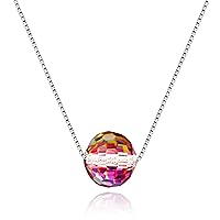 925 Sterling Silver Square Round Austrian Rainbow Crystal Pendant Necklace for Women Girls
