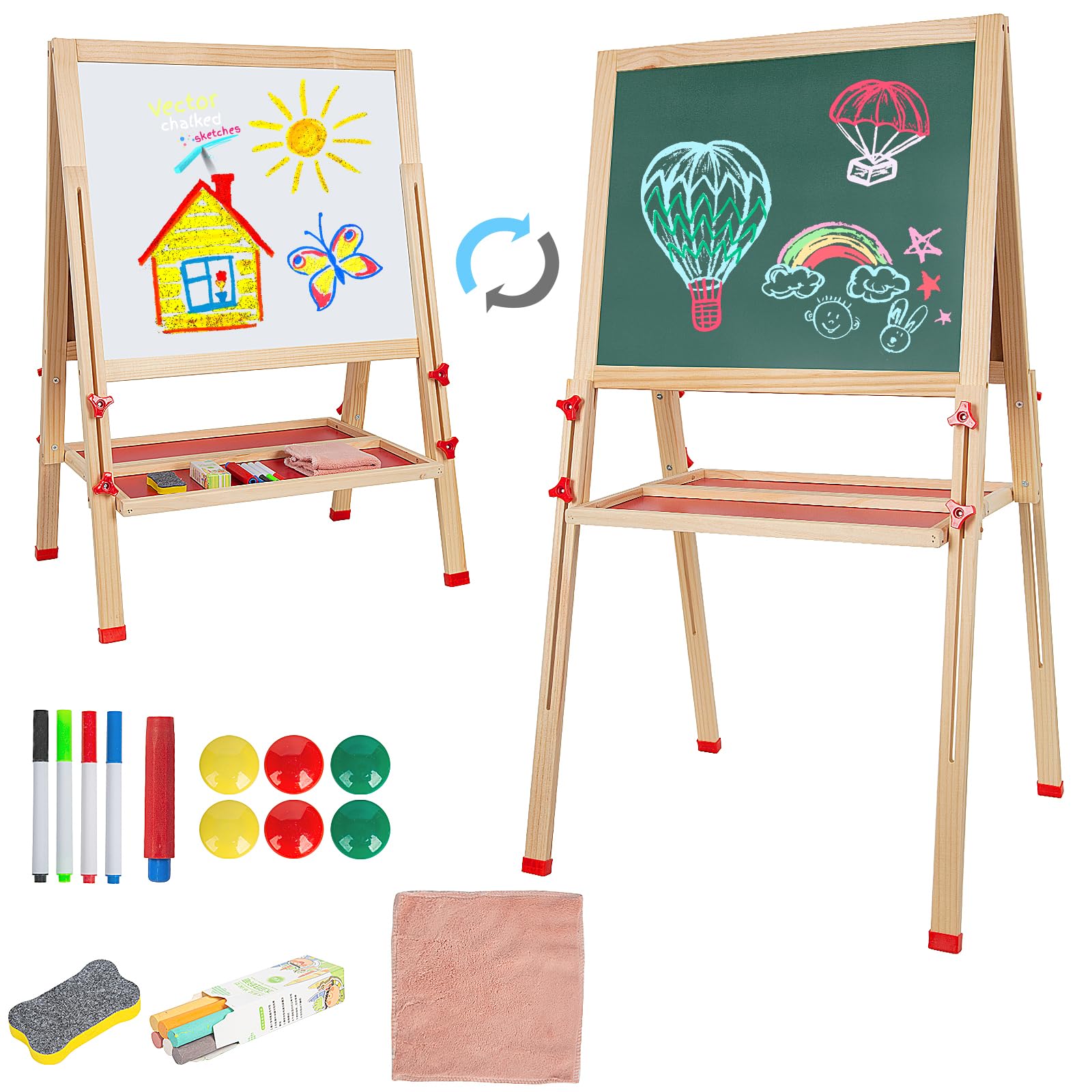 OMOTIYA Adjustable Wooden Easel for Kids, Standing Art Easel for Kids 3, 4, 5, 6, 7, 8 Years Old Boy & Girls, Foldable Toy Painting Easel for Children with Chalkboard & Magnetic Whiteboard