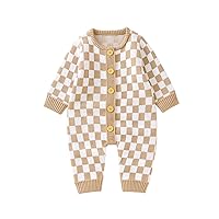 Gueuusu Infant Baby Girl Boy Knitted Sweater Romper Jumpsuit Checkerboard Plaid Print Long Sleeve Button Down Bodysuit