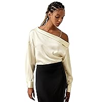 LilySilk Womens Pure Silk Blouse Ladies One-Shoulder Long Sleeve Top with Detachable Light Gold Chain Strap