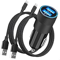 【MFi Certified】iPhone Fast Car Charger, Rombica 4.8A Dual USB Smart Power Cigarette Lighter USB Car Charger + 2Pack Lightning to USB Braided Cable for iPhone 14 13 12 11 Pro/XS Max/Mini/XR/SE/X/8/iPad
