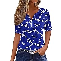 4th of July Outdirts Summer Short Sleeve Tshirts V Neck Casual 2024 Trendy USA Printed Fashion Tees