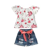 Baby Toddler Girls Floral Short Sleeve Tops T-Shirt Vest & Denim Shorts Set Kids 1T 2T 3T 4T 5T 6T Clothes Summer Outfits