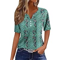 Womens Short Sleeve Tops Fashion Casual Vintage Printed V-Neck Decorative Button T-Shirt Top