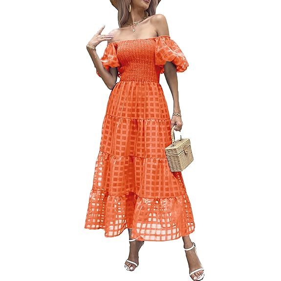 Women's Casual Summer Midi Dress Puffy Short Sleeve Square Neck Smocked  Tiered Ruffle Dresses 