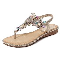 iCKER Women Rhinestone Sandals T-Strap Buckle Bohemian Pearl Crystal Flat Sandals