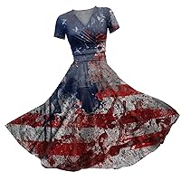 Women 4th of July American Flag Dress Casual Beach V Neck Short Sleeves Maxi Dress Independence Day Dresses