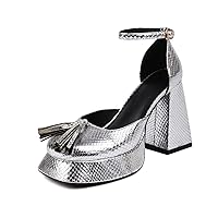 Platform Heels for Women Metallic Chunky Block Heels with Tassels Ankle Strap Square Close Toe Pumps Dress Wedding Shoes