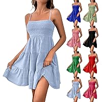 Womens Boho Dresses Summer Spaghetti Straps Tiered Dress Ruched Backless Elegant Dresses A Line Flutter Midi Sundress