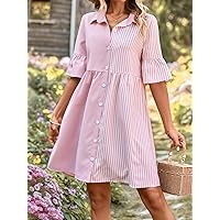 Women's Dress Striped Print Button Front Flounce Sleeve Shirt Dress Women's Dress (Color : Pink, Size : Medium)
