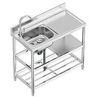 Free Standing Stainless-Steel Single Bowl Commercial Restaurant Kitchen Sink Set w/Faucet & Drainboard, Prep & Utility Washing Hand Basin w/Workbench & Double Storage Shelves Indoor Outdoor (39.5in)