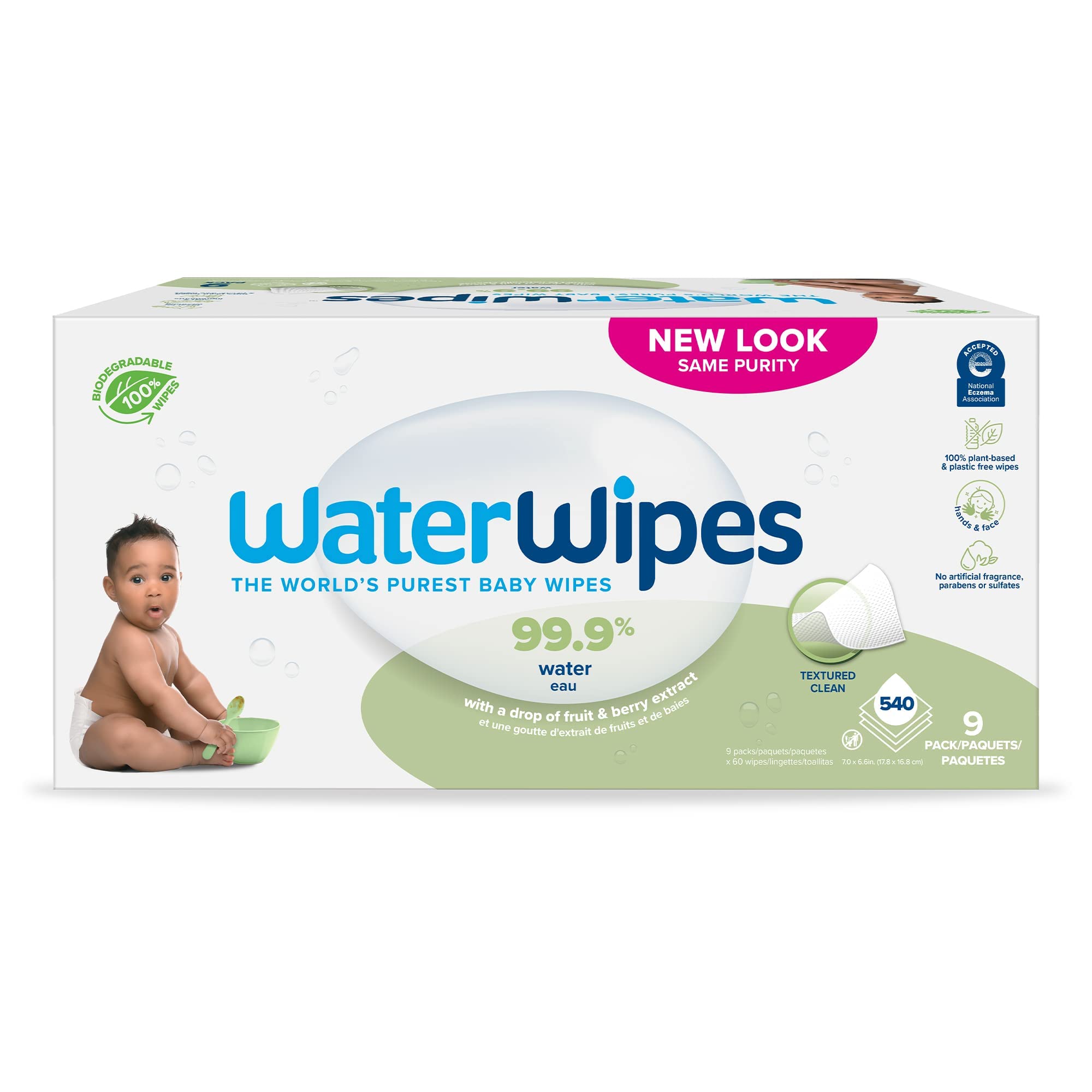 WaterWipes Plastic-Free Textured Clean, Toddler & Baby Wipes, 99.9% Water Based Wipes, Unscented & Hypoallergenic For Sensitive Skin, 540 Count (9 Packs), Packaging May Vary