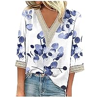 3/4 Length Sleeve Womens Tops 2024 Sexy Lace Trim V Neck Blouse Cute Floral Print Shirt Loose Casual Summer Ladies Clothes