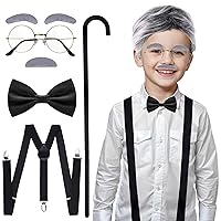 7Pcs Old Man Costume 100 Days of School Old Man Costume Grandpa Costume Old Man Wig Glasses Fake Mustache Eyebrows Cane Suspender Bow Tie 100th Day of School Dress Up Old Man Costume Cosplay