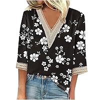 Women's Casual 3/4 Sleeve Shirts Lace V Neck Dressy Tops Trendy Floral Blouses Soft Loose Teacher Shirts Daily Wear