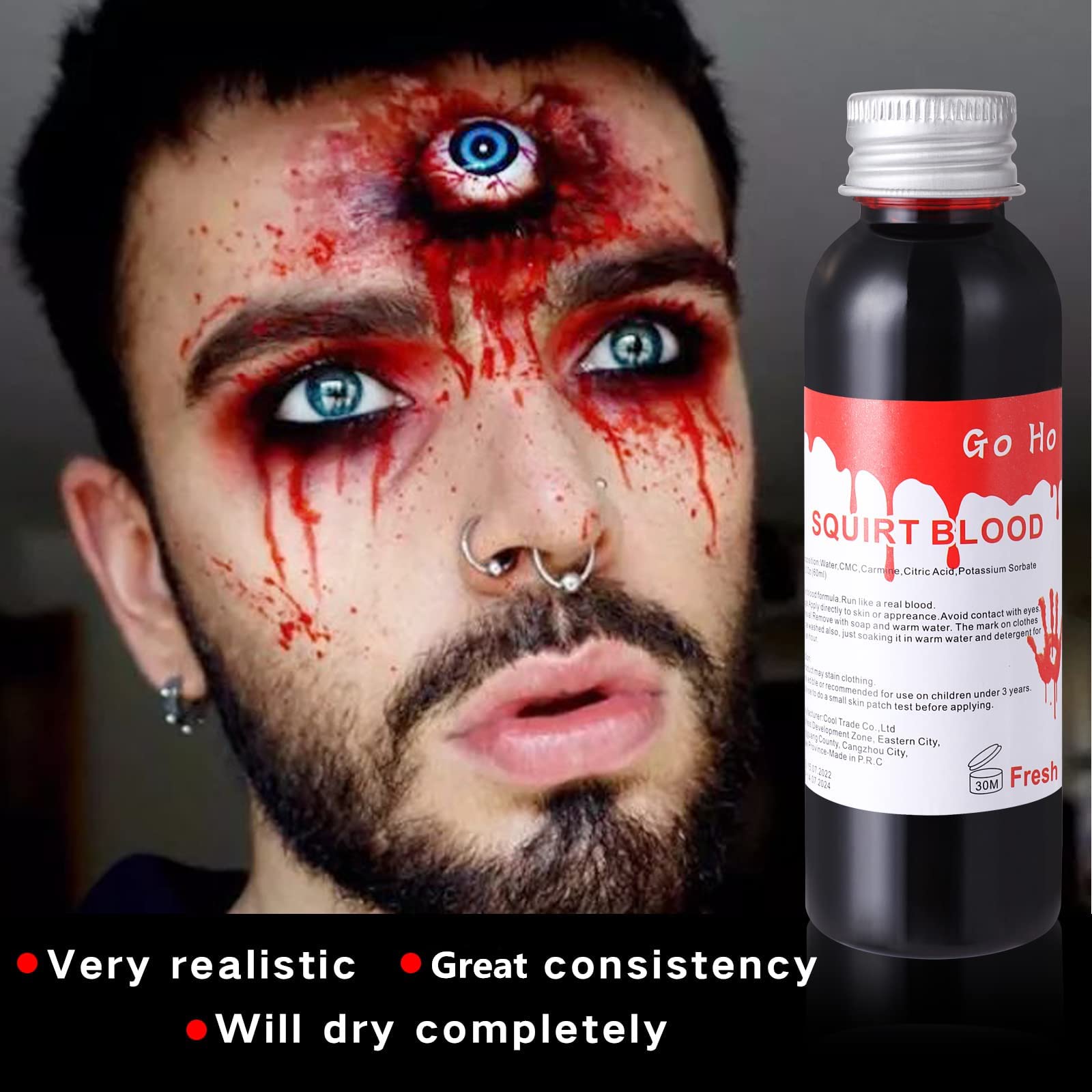 Go Ho Fake Blood Makeup(1 oz),Realistic Effects Fake Blood Washable for Scar Wound and Clothes,Easy Dry Flow Fake Blood for Eyes Drips Nose Bleeds,Halloween Blood for Cosplay SFX Zombie Vampire Special Effects,Fresh