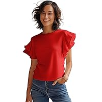 Fashion Ruffle Sleeve Top – Soft Womens Casual Shirts | [40180023] Red, M