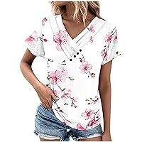 T Shirts for Women,Women’s Asymmetric Floral Printed Button V Neck Short Sleeve T Shirt Slim Fit Tunic Tops Dressy Blouses