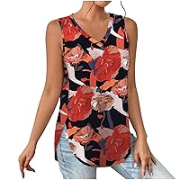 Flower Print Tank Tops Women Side Split Curved Hem Vacation Tunic Tees Summer Sleeveless V Neck Casual Loose Shirts