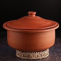 Swadeshi Blessings HandMade Exclusive Range Unglazed Earthen Kadai/Mud Handi/Mitti Ke Bartan/Clay Pot for Cooking & Serving with Lid(with Mirror Shine) + Free Palm Leaf Stand (5.5 Liters)
