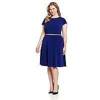 Jessica Howard Women's Plus Size Cap Sleeve Belted Dress with Seamed Skirt