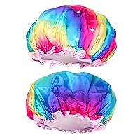 G2PLUS Shower Cap for Adults, 2PCS Hair Cover for Shower with Elastic Band, Rainbow Double Layer Bath Hat, Reusable Shower Caps for Women and Men