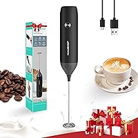 HAUSHOF Powerful Rechargeable Milk Frother, Handheld USB Type-C Electric Foam Maker for Coffee Latte, Cappuccino, Mocha, Macchiato, Frappe and Protein Powder, Detachable Stainless Steel Whisk, Black
