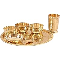 Devyom Hammered Brass Thali Set of 7 Pcs Including 3 Bowls 1 Glass 1 Plate 1 Dinner Plate 1 Spoon Restaurant Ware Home Hotel