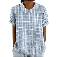 Classic Plaid Peter Pan Collar Shirts Women Keyhole Back Short Sleeve Tee Tops Plus Size Summer Casual Blouses