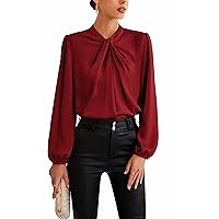 GRACE KARIN Women's Satin Top Mock Neck Twist Front Top Long Lantern Sleeve Silk Shirts Casual Loose Work Office Blouse