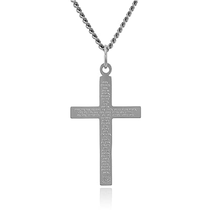 Amazon Collection Men's Sterling Silver Solid Polished Cross with Lord's Prayer Inscription and Stainless Steel Chain, 24